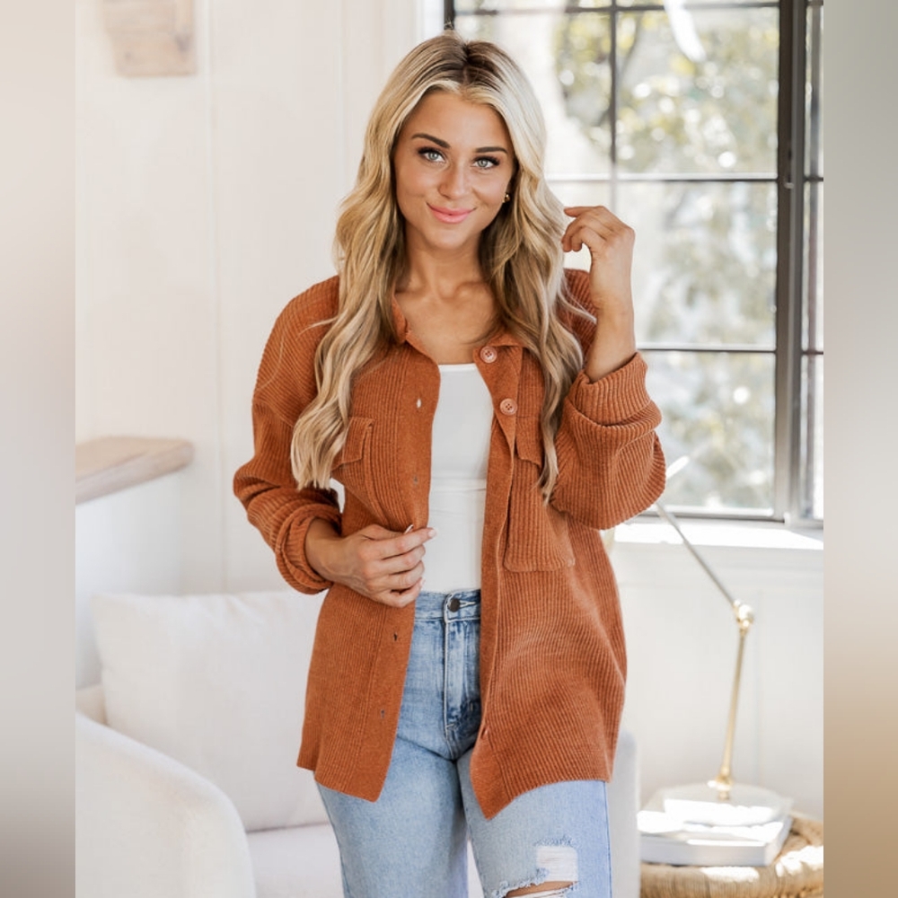 Pink Lily mad about you terracotta ribbed shacket